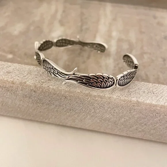 925 Sterling Silver Wings Cuff Bracelet Silver Vintage Bangle Bracelet - Picture 4 of 6